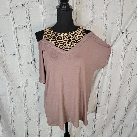 Two in One Layered Shirt Womens Cold Shoulder Blouse Top Leopard Print Relaxed L - Picture 1 of 6